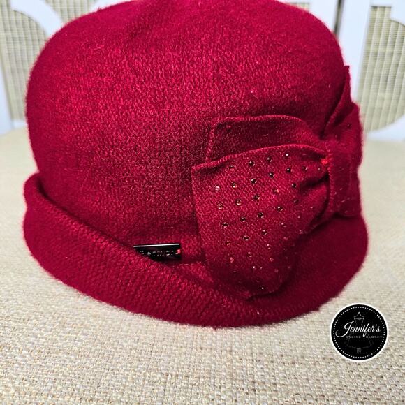 Betmar Betty Rhinestone Bow Wool Blend Red Cloche Hat - Picture 2 of 11